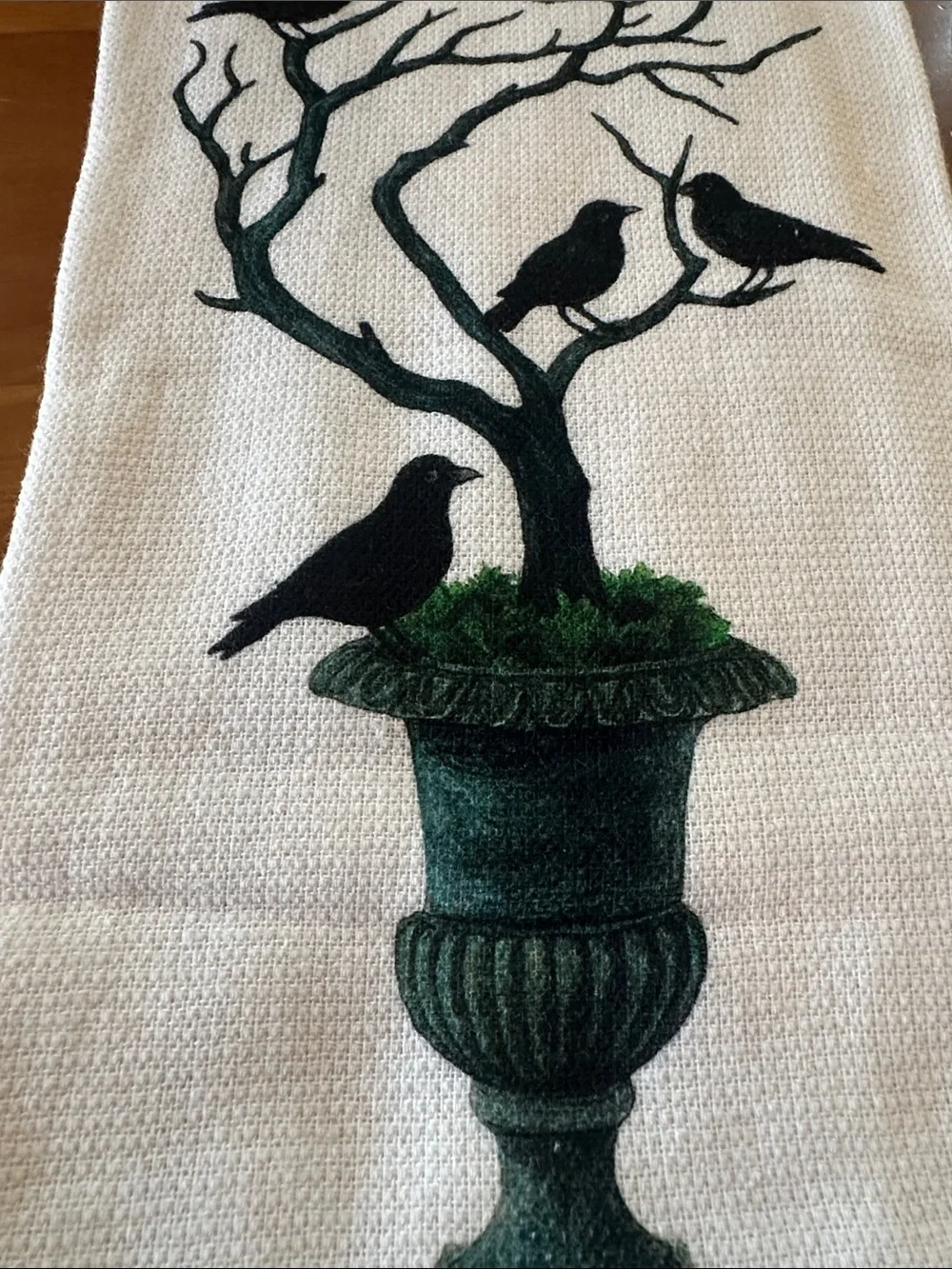 Sur La Table Halloween Cotton Kitchen Towel with Black Bird & Tree Print